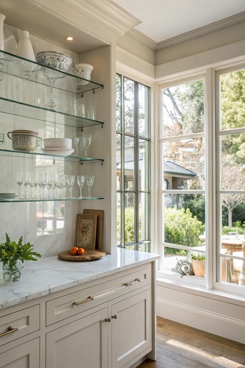 Crystal shelves sustain an open and airy sensation, ideal for small kitchens.