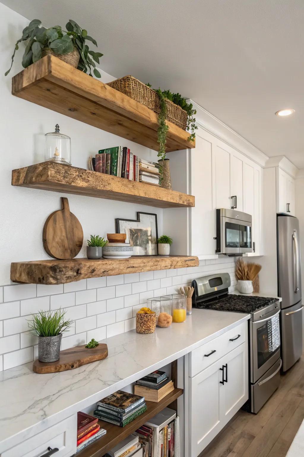Unprocessed-edge shelves bring the outdoors and refinement into your kitchen.