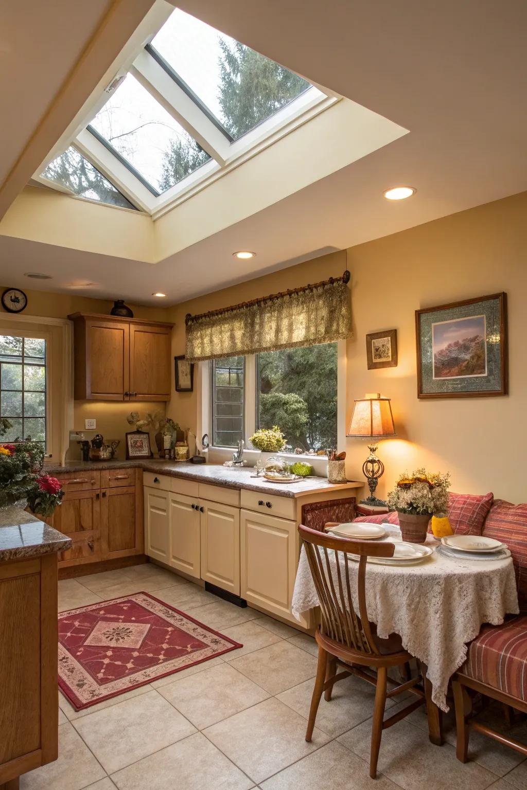 Warm shades and natural light combine to craft an inviting kitchen ambiance.