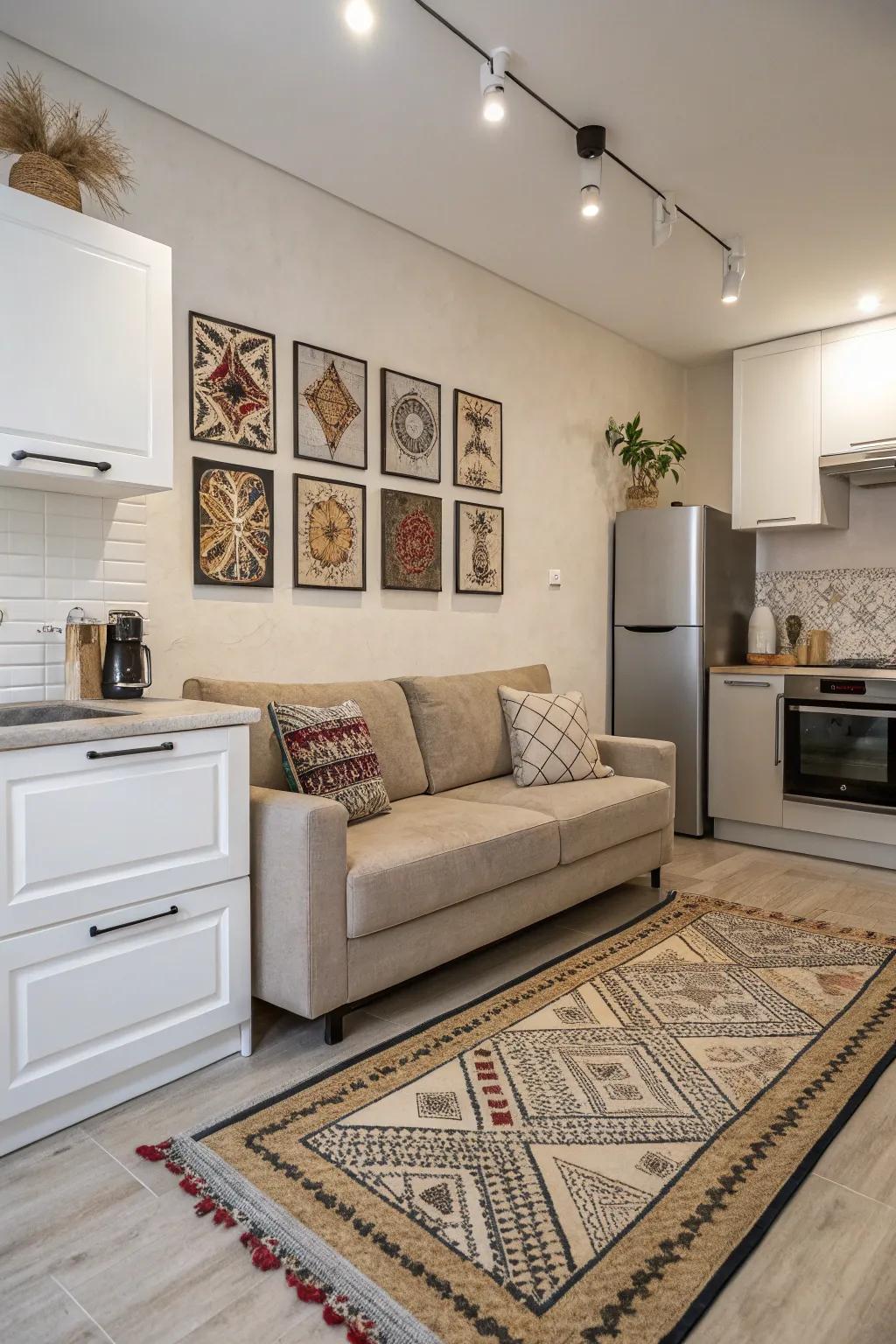 A kitchen featuring a coordinated sofa area, complete with matching rugs and art to create a unified look.