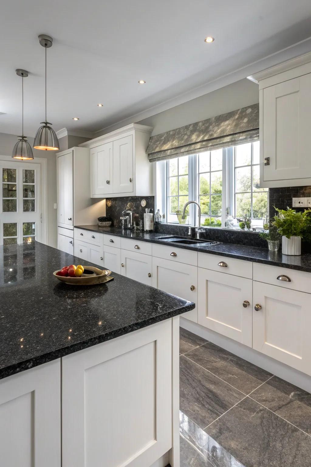 Dark countertops contribute theatricality and sophistication.