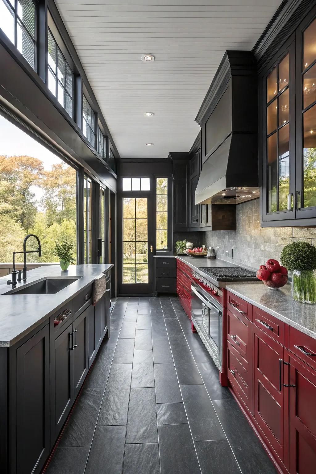 Deep cabinets alongside deep floors create a dramatic and striking kitchen design.