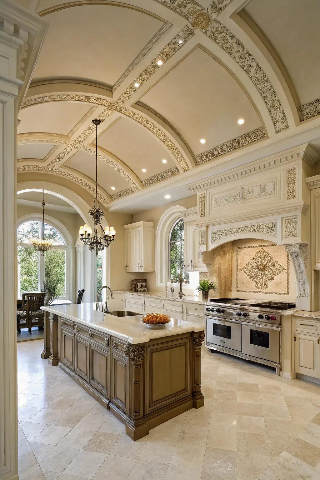 Ornamental components enhance the classiness of the kitchen's elevated ceilings.