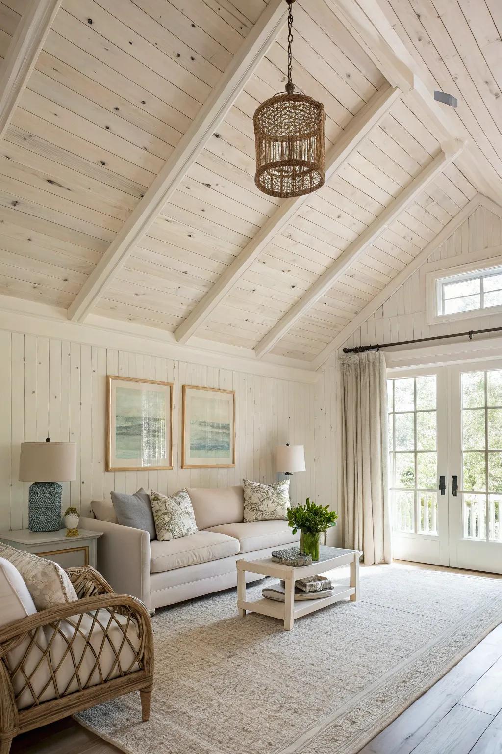 A room with a fresh and airy chalked pine clad ceiling.
