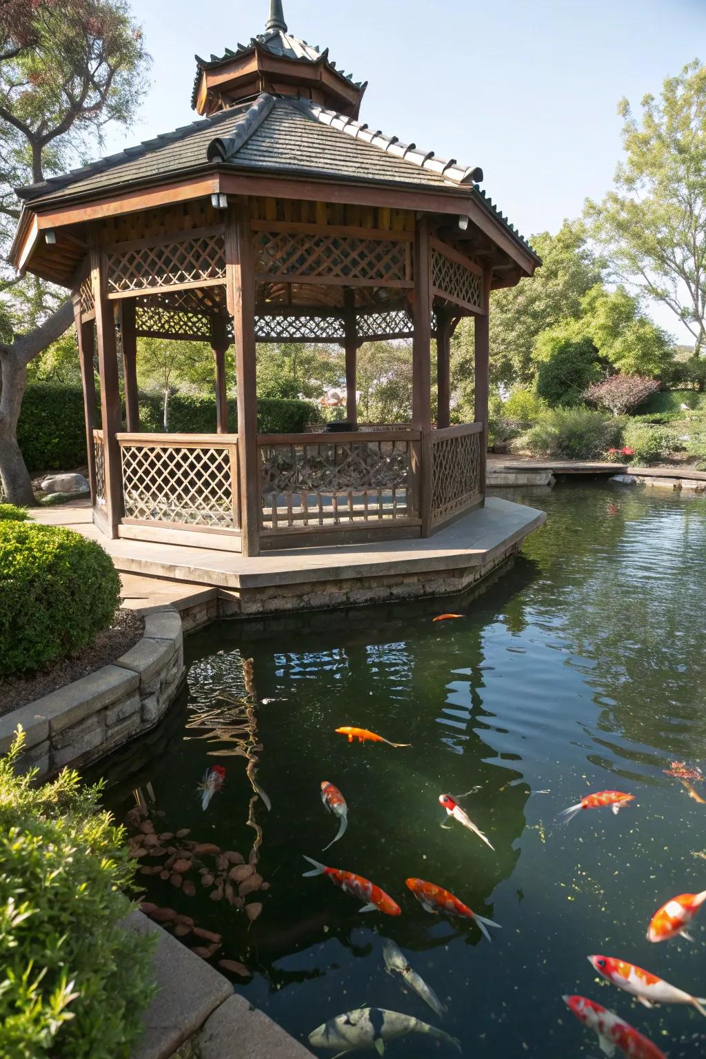 A traditional gazebo stylishly shades a koi pond.
