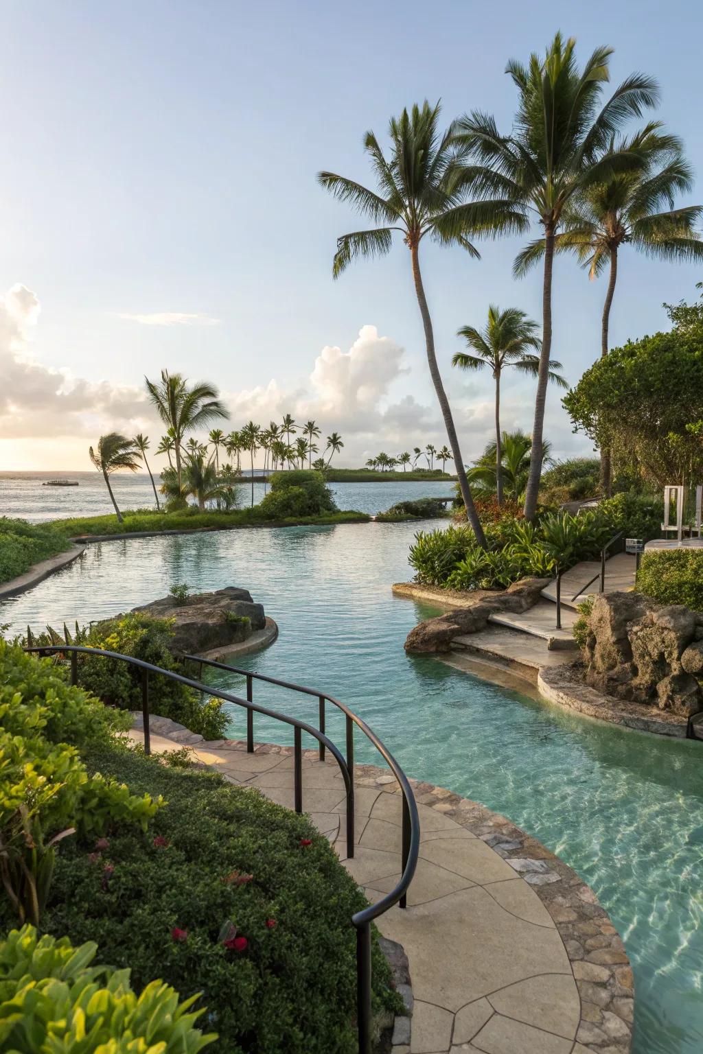 Walk-in access points enhance the accessibility and charm of lagoon pools.