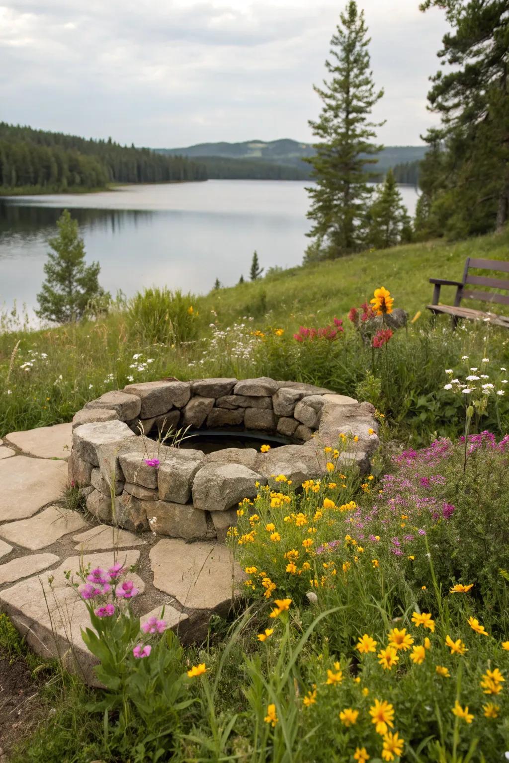 Inherent stone elements intermingle exquisitely with the lakeside milieu.