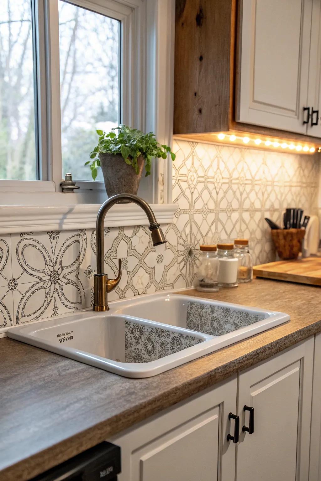 Practical layered backsplash surrounding the kitchen basin vicinity.
