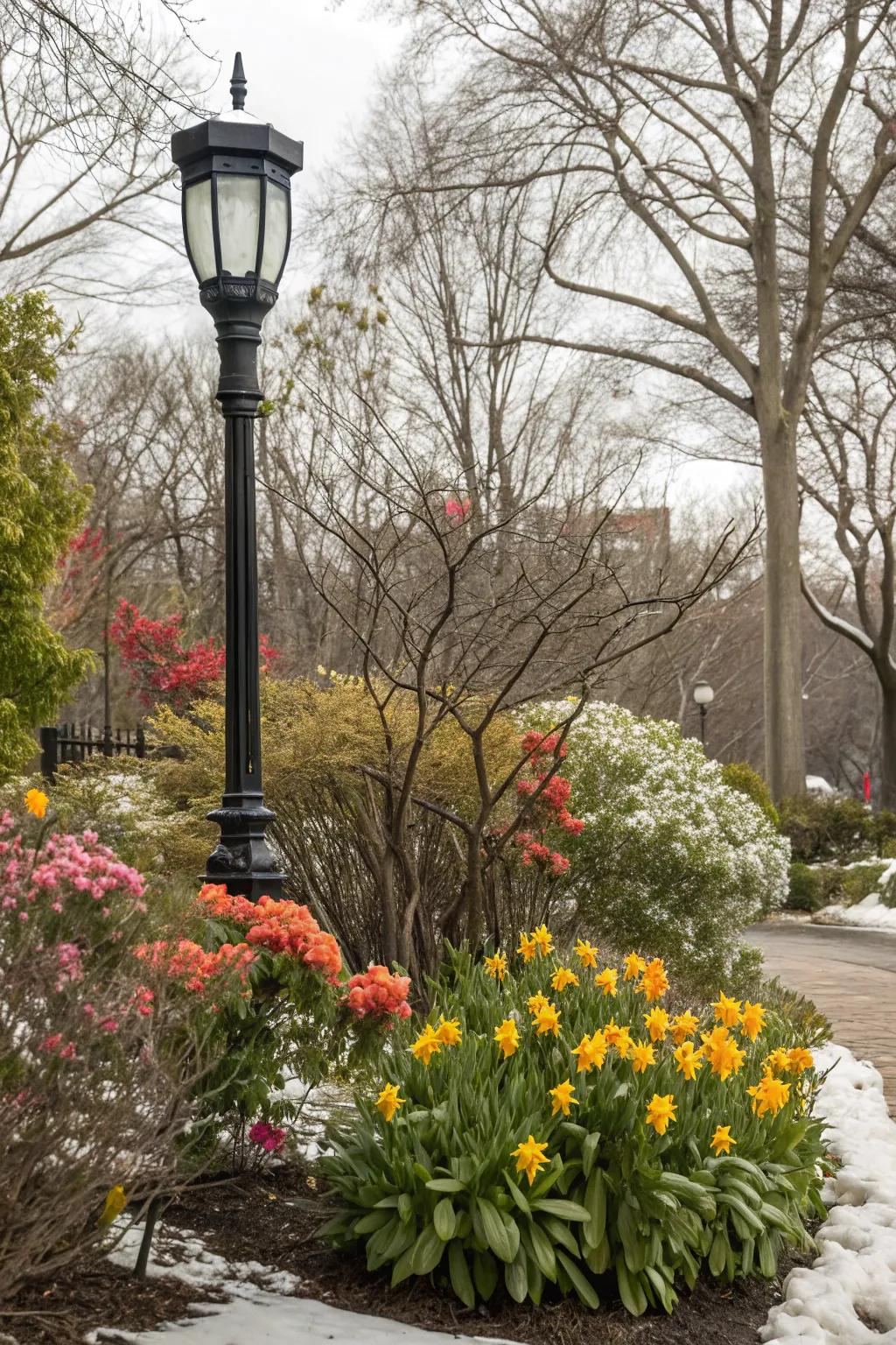 Time-relevant flora instigating dynamic changes in a lamp post area.