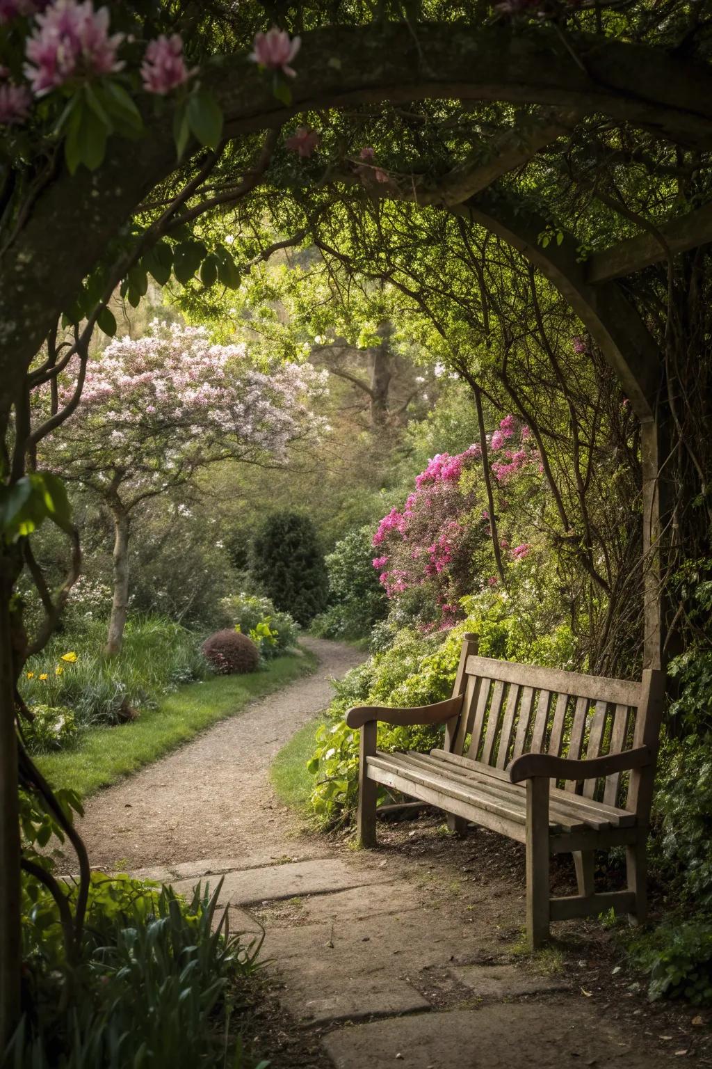 A secluded garden nook with a cozy bench, ideal for relaxation.