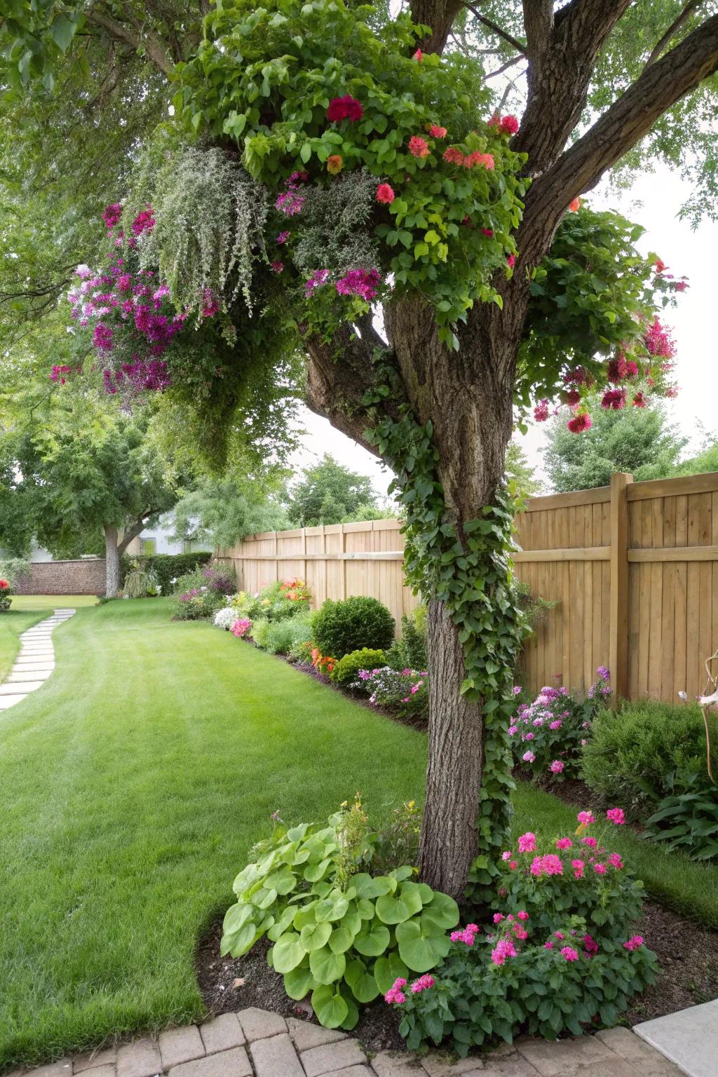 A tree ringed by nature-inspired, flowing plant compositions.