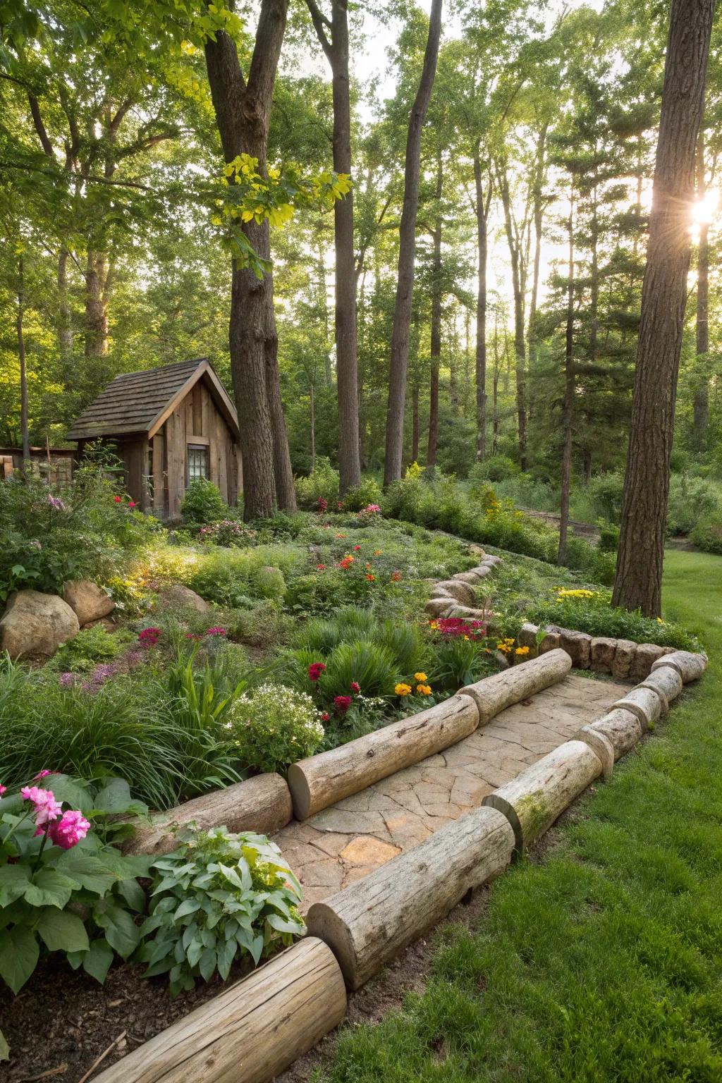 Timber employed as natural boundaries within a forest garden.