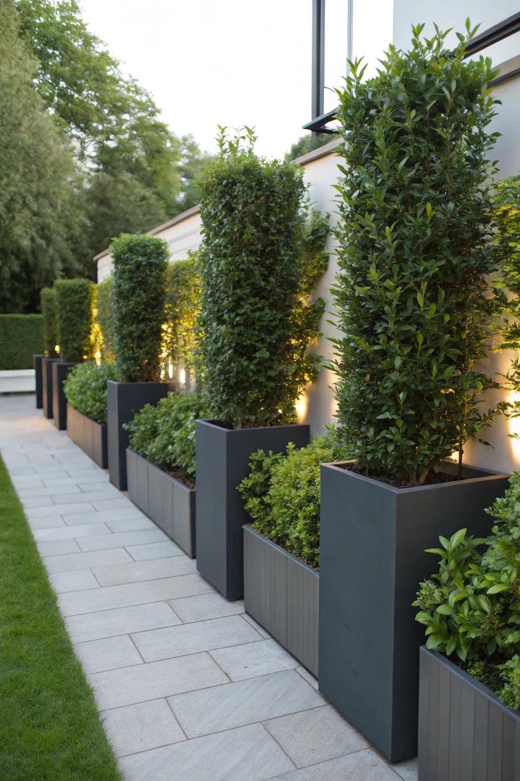 Fashionable seclusion achieved through towering plant pots overflowing with lush verdure.