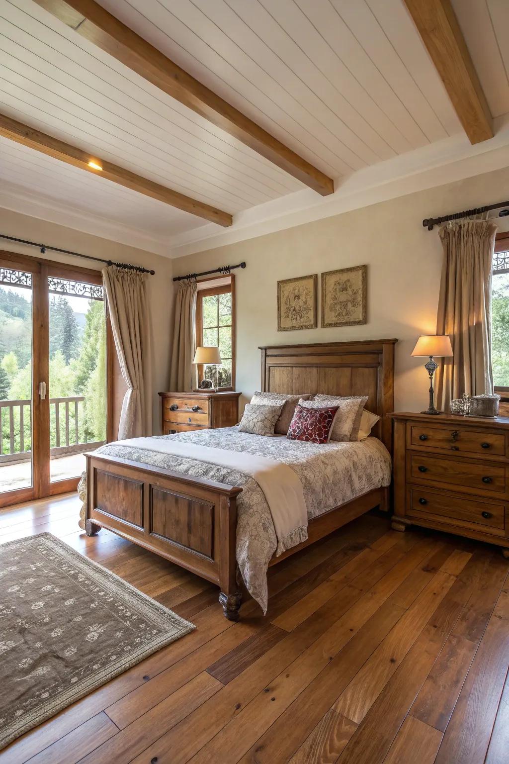 Wooden accents contribute warmth and distinct character to this roomy bedroom.