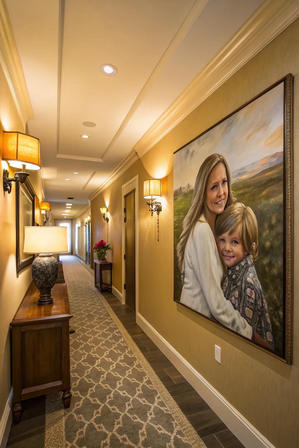 A custom portrait painting adds a heartfelt element to the home.