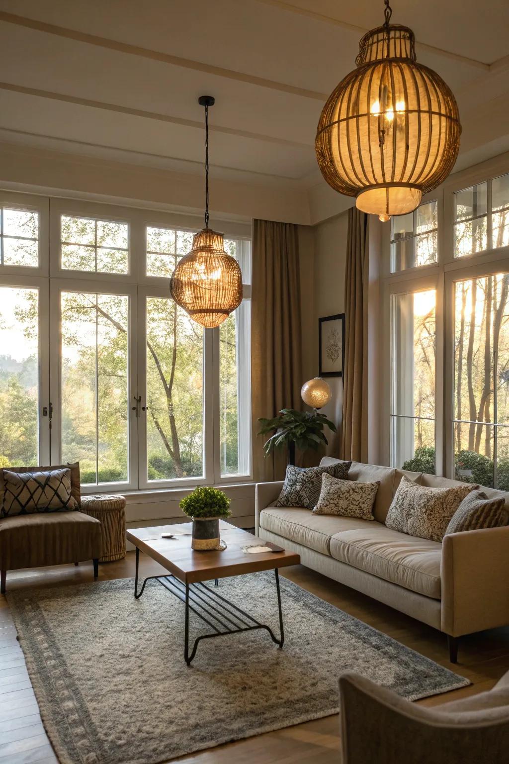 Carefully placed lighting complementing the natural light from large windows.