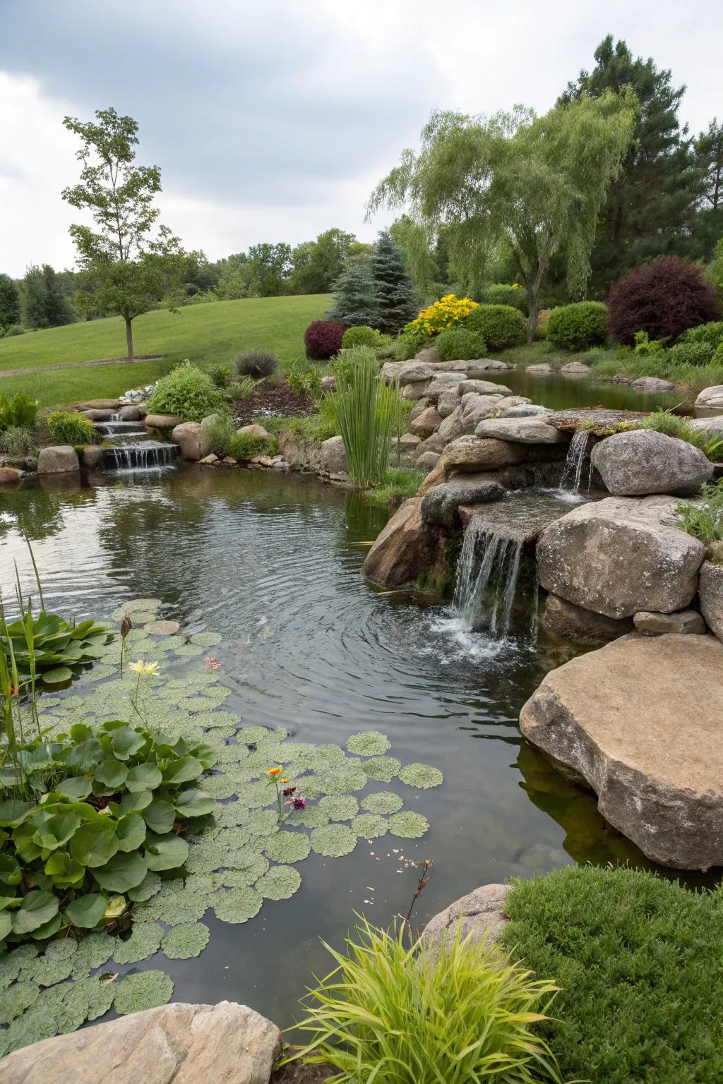 A serene pond with a gentle waterfall enhances garden peace.