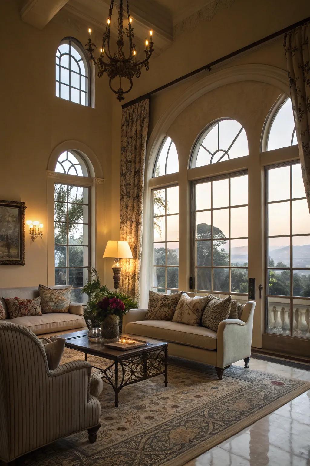 Arched windows giving style to a stylish living space.