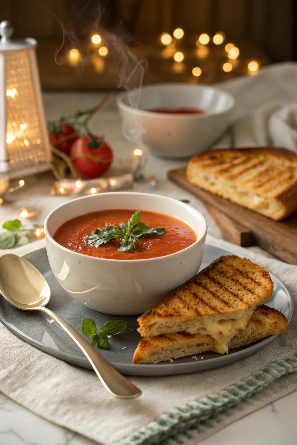 Tomato basil soup with grilled cheese, a timeless combination of comfort.