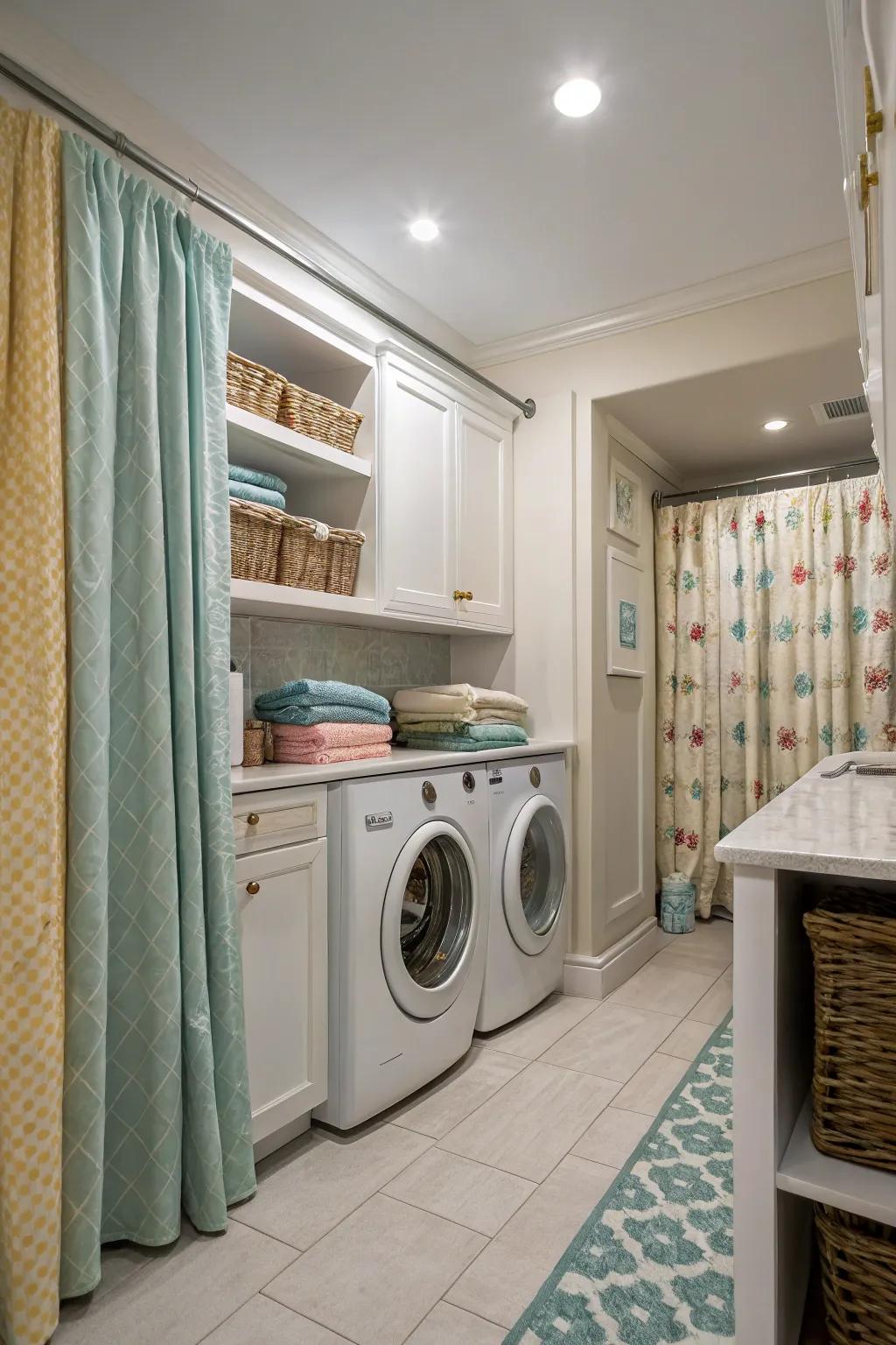 Matching drapes can create a harmonious feel in your laundry room's decor.
