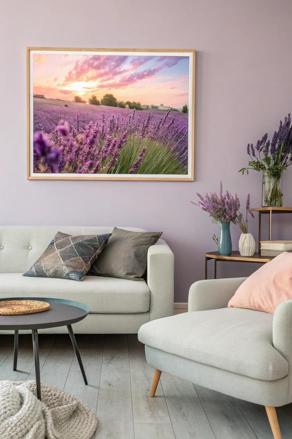 Wall art that elevates the interior design with lavender themes.