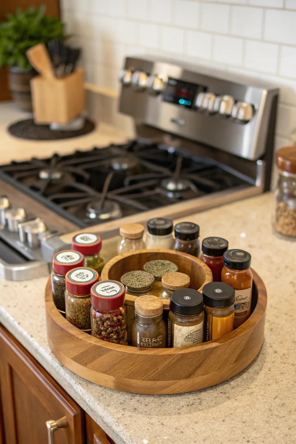 An orderly compilation of flavorings upon a lazy Susan, offering convenient access.