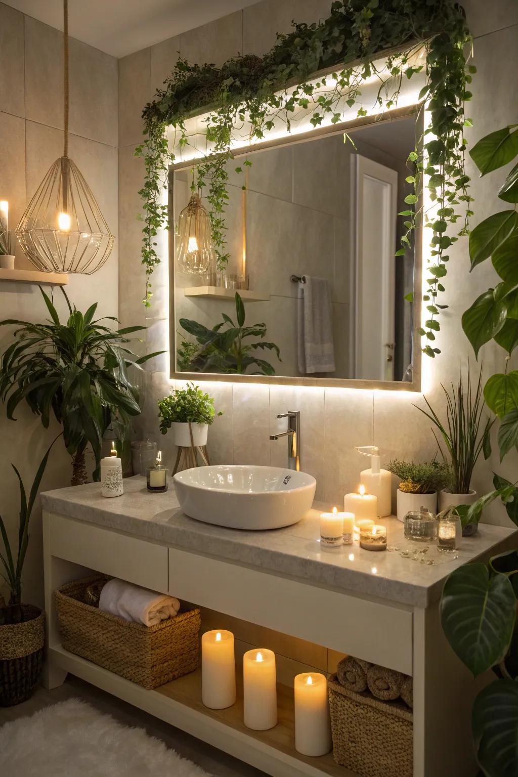 A customized washroom area refined by an illuminated reflection and ornamental nuances.