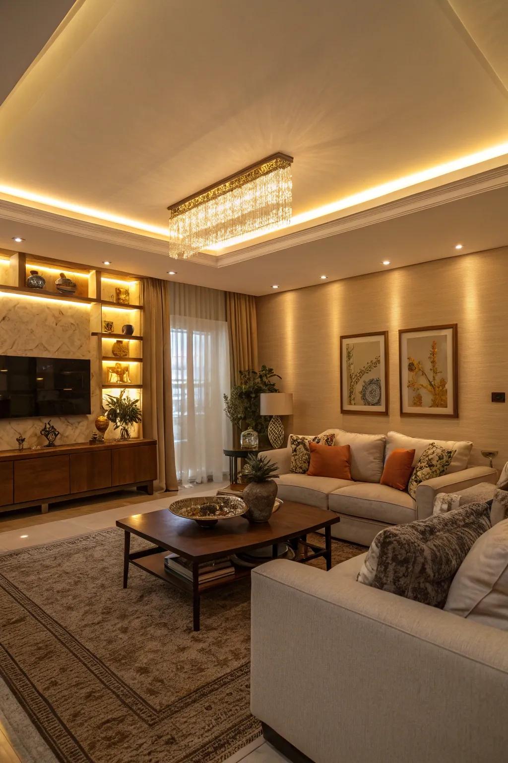 Refined ambiance with LED cove illumination.