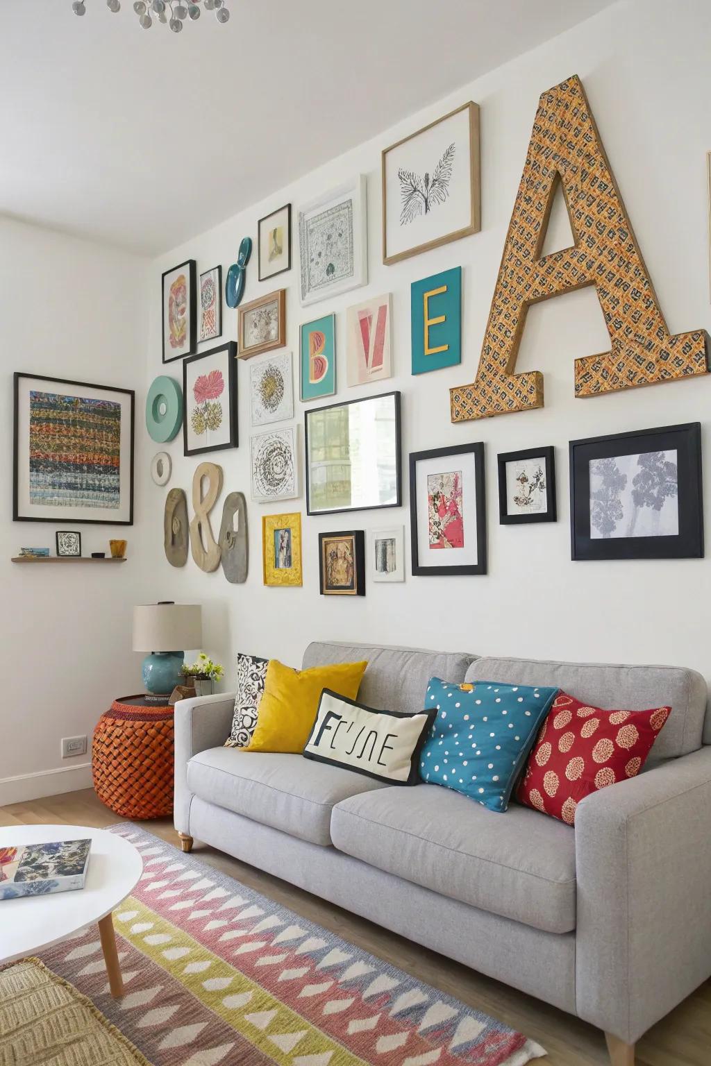 An inventive wall display integrating letters and artwork.