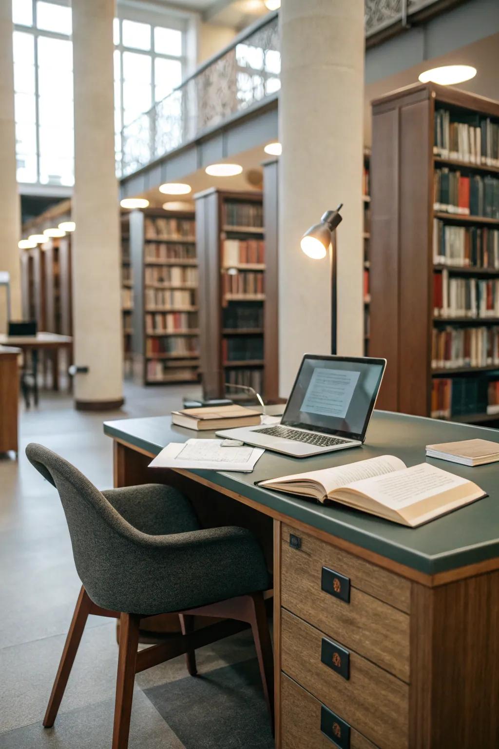 A practical workspace with a stylish desk and ergonomic chair in a library setting.