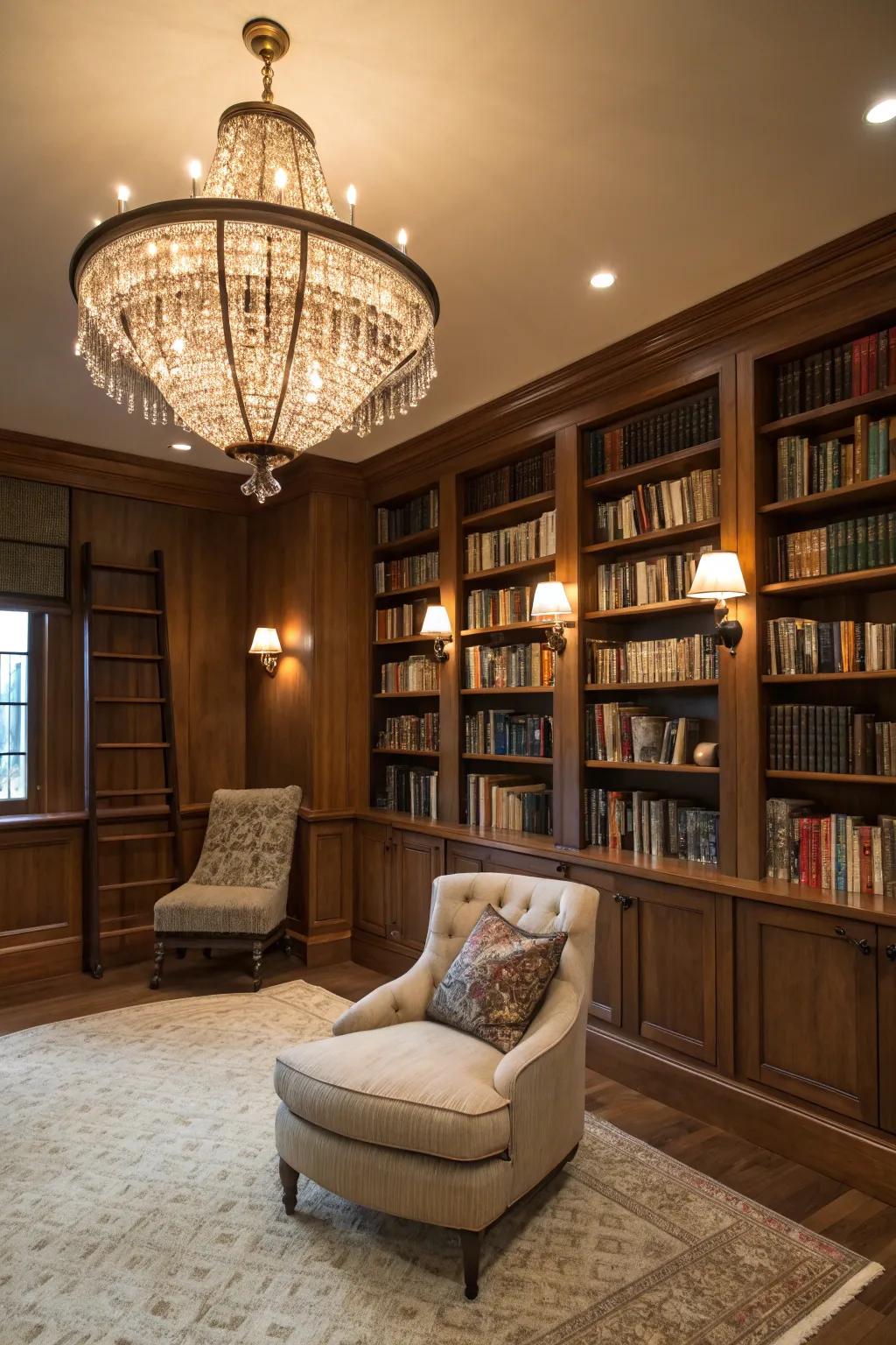 A statement chandelier that adds elegance and warmth to the library.