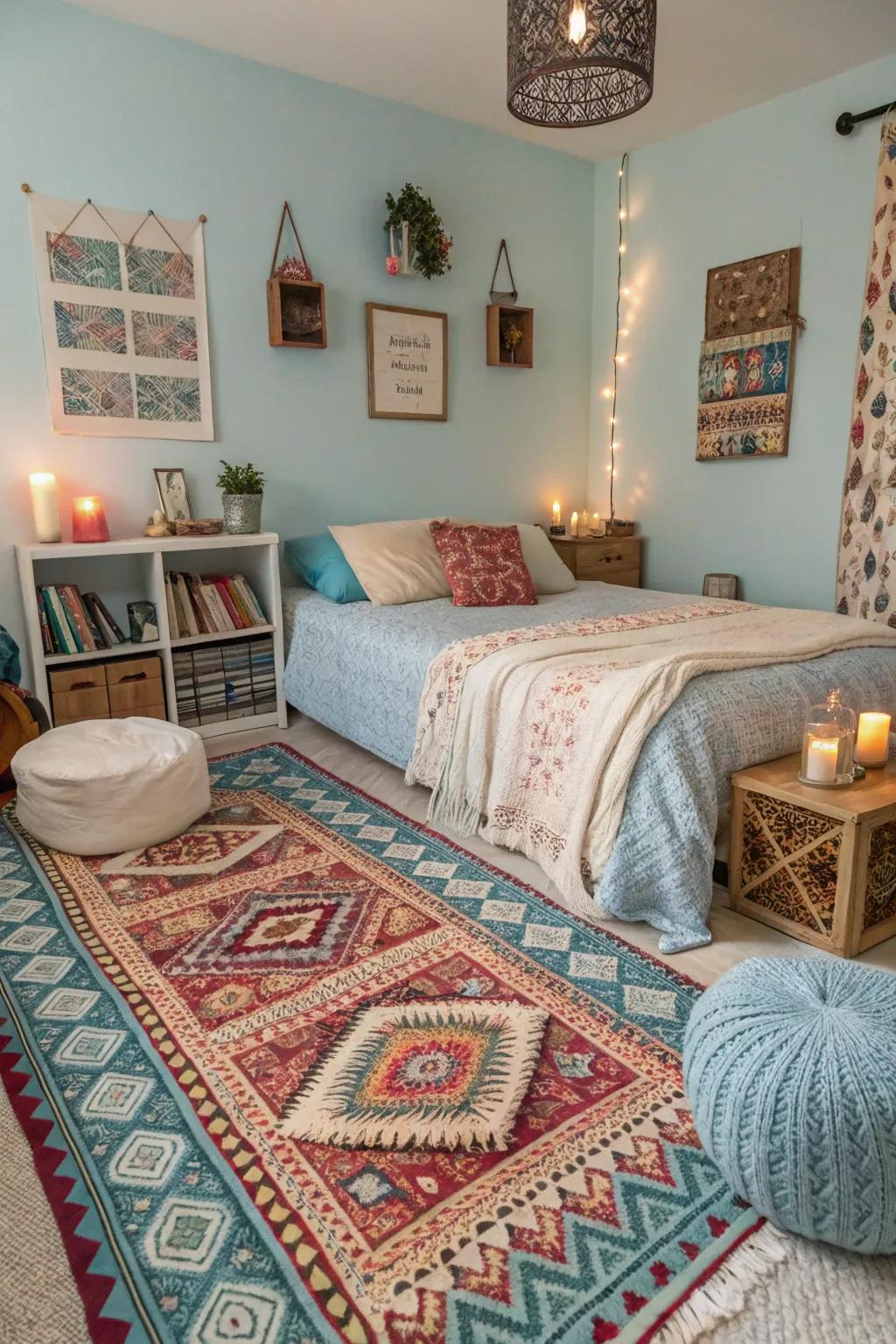 A bohemian bedroom combines patterned rugs and light blue accents for a unique ambiance.