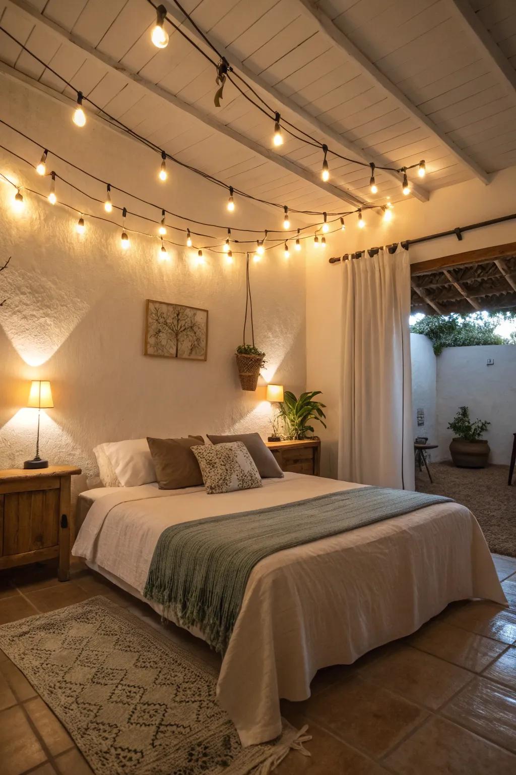 A serene bedroom enhanced with ambient bedside lights.