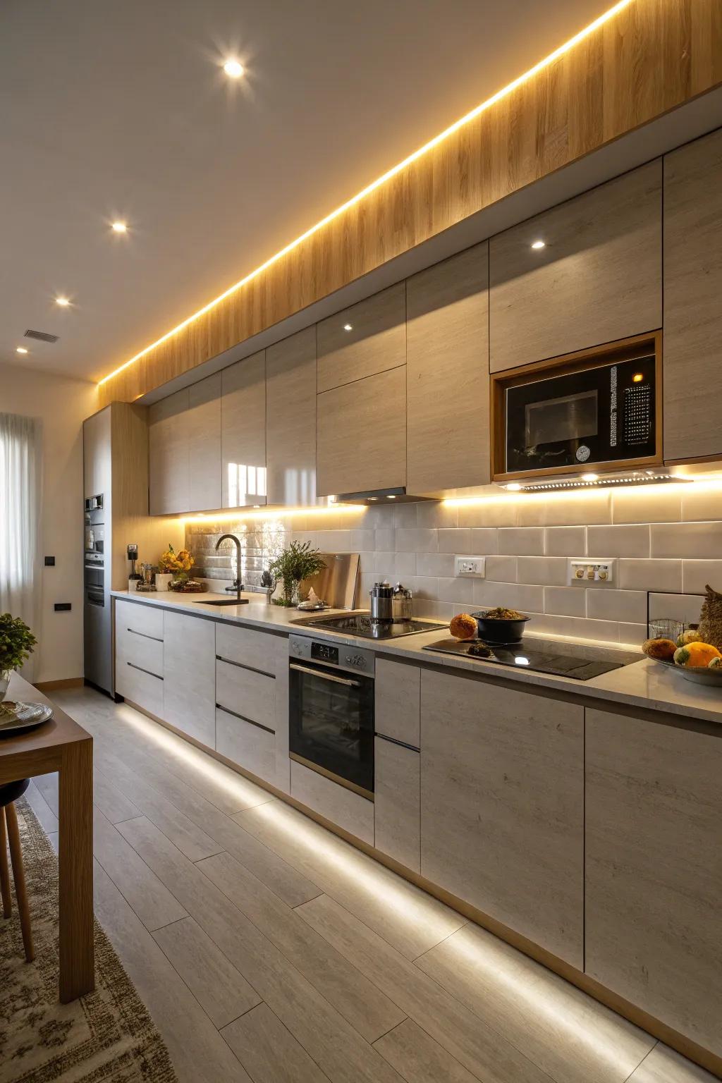 Warm LED lighting enhances the coziness of your kitchen.