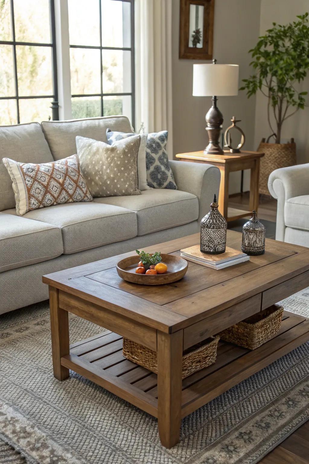 Wooden aspects add warmth and texture to a muted stone sofa arrangement.