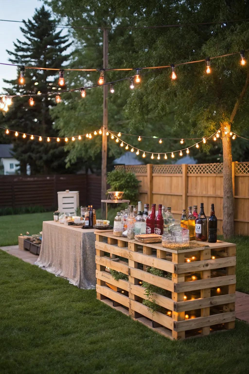 Home-built pallet bar is suitable for garden get-togethers.