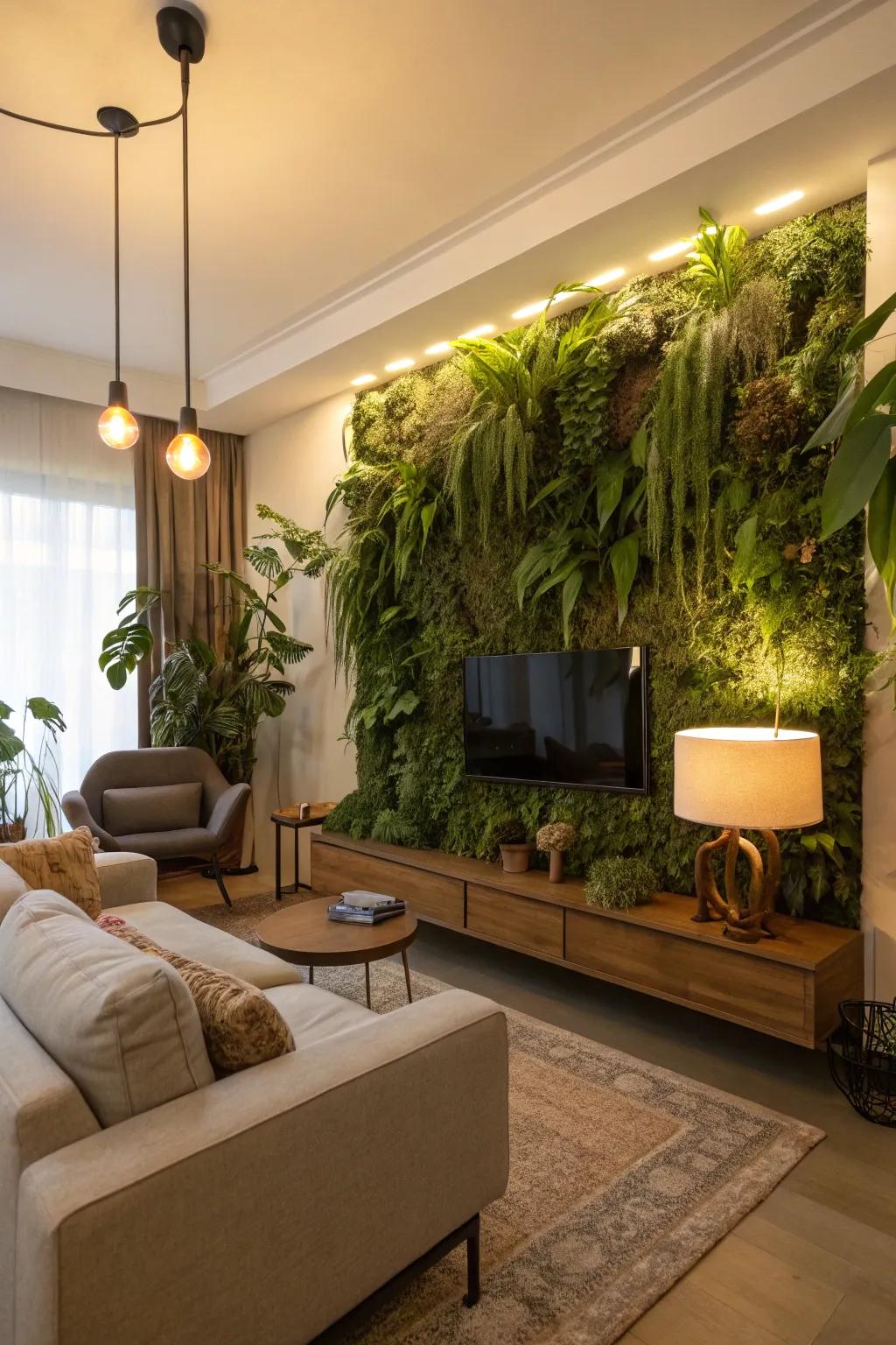 A feature wall of living plants is a captivating element.