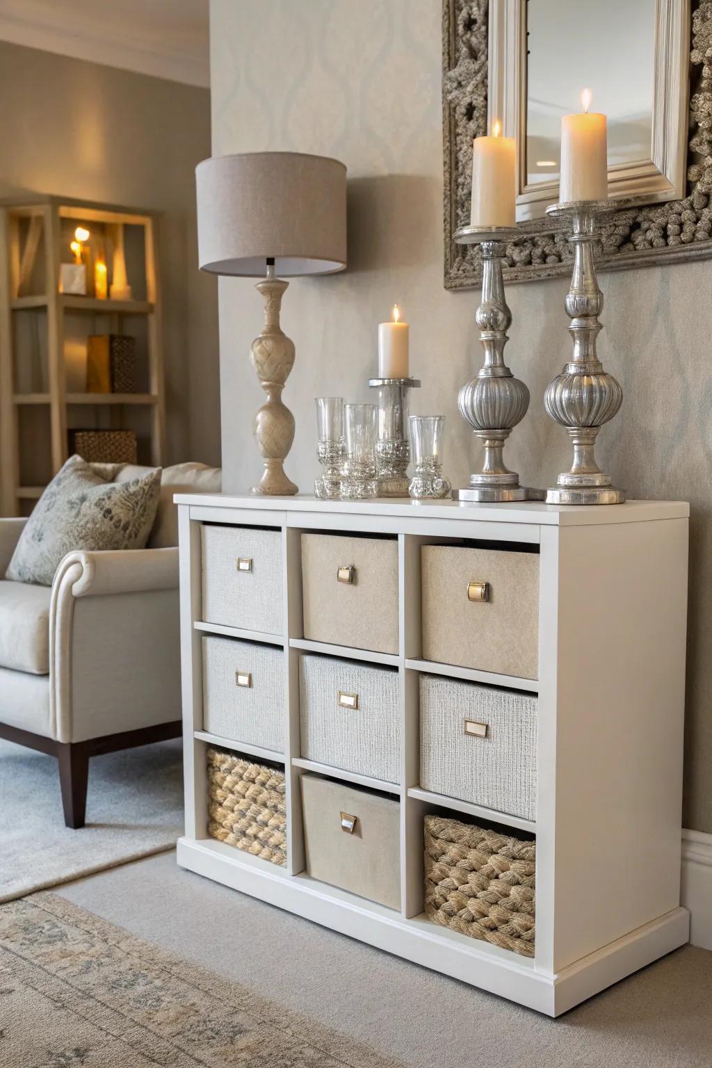 Elegant accents atop modular storage append a hint of sophistication.
