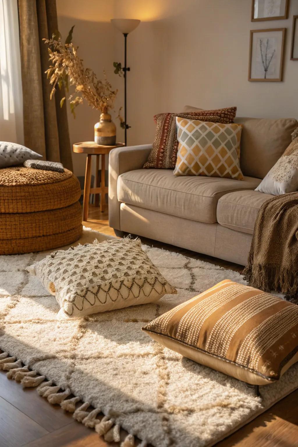Tactile variety enhancing the depth of a living room.
