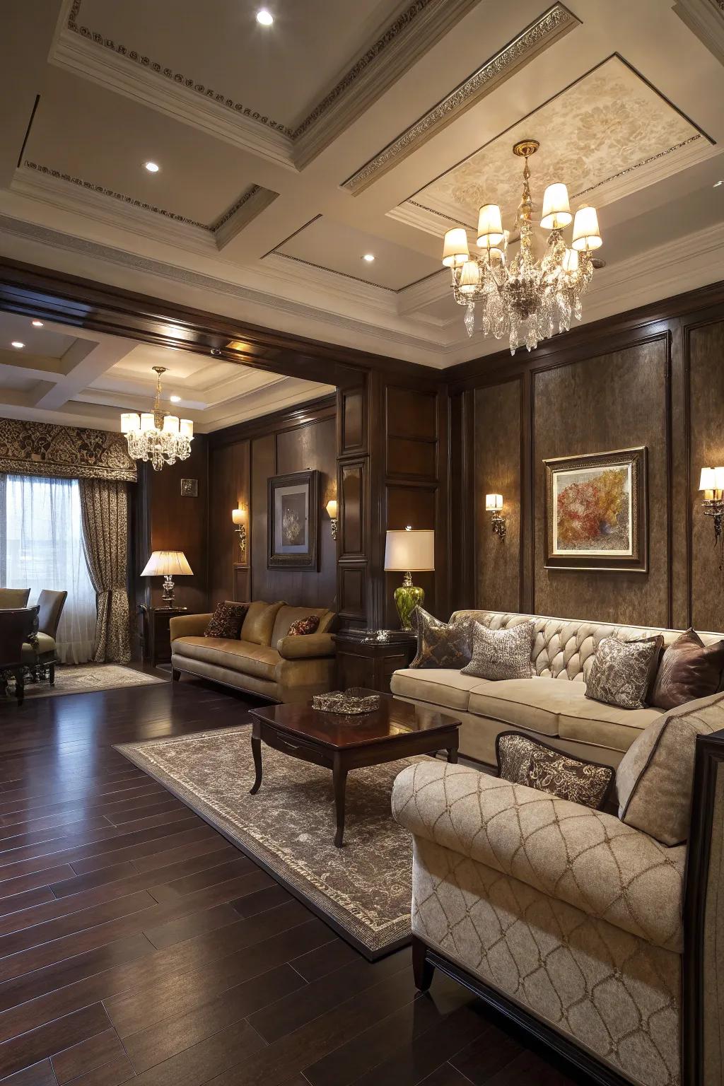 Deep wood tones introduce drama and richness to your living room design.