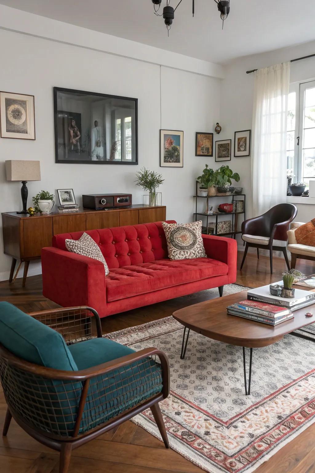 A varied furniture selection produces a pleasing and intriguing living room arrangement.