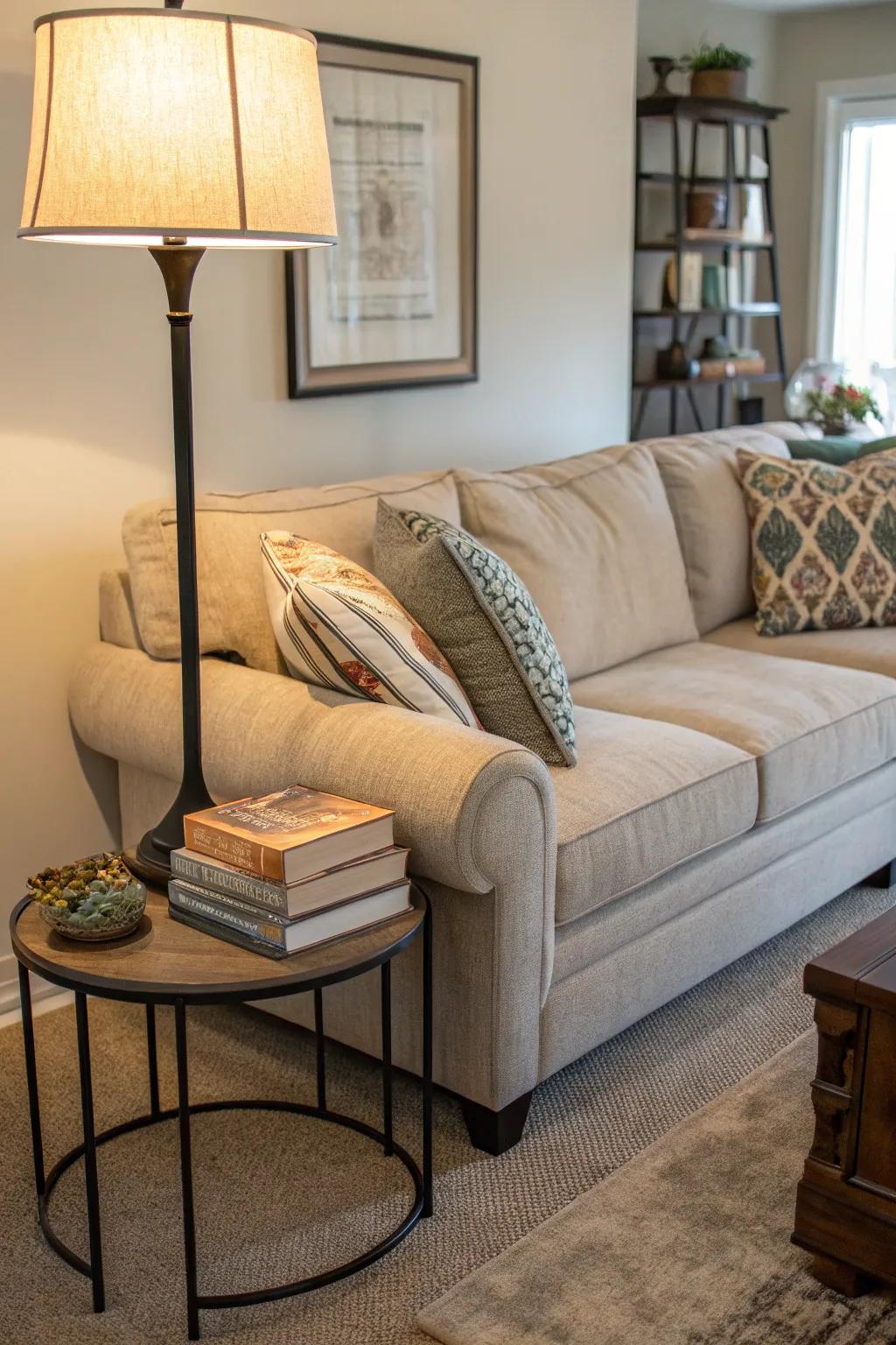 A cozy reading nook comfortably nestled within a sectional.