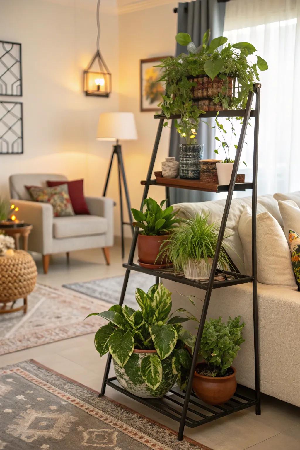 A tiered plant platform cultivates a miniature interior rainforest.