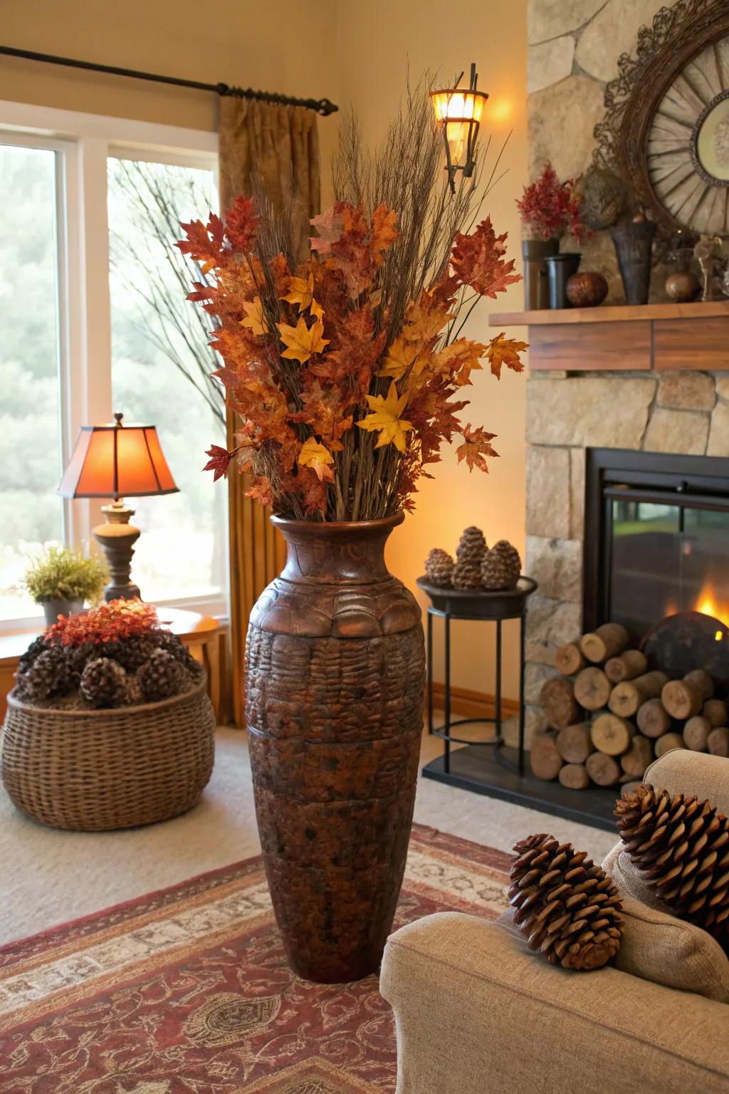 Seasonal features, exemplified by conifer cones and foliage, usher the appeal of autumn into your living area.