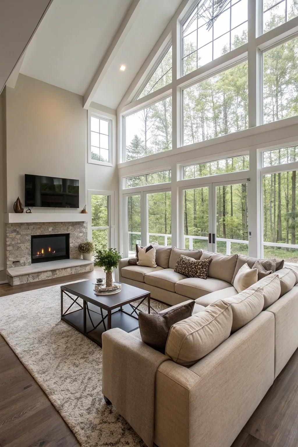 An open-plan lounge area defined by an L-shaped sectional.