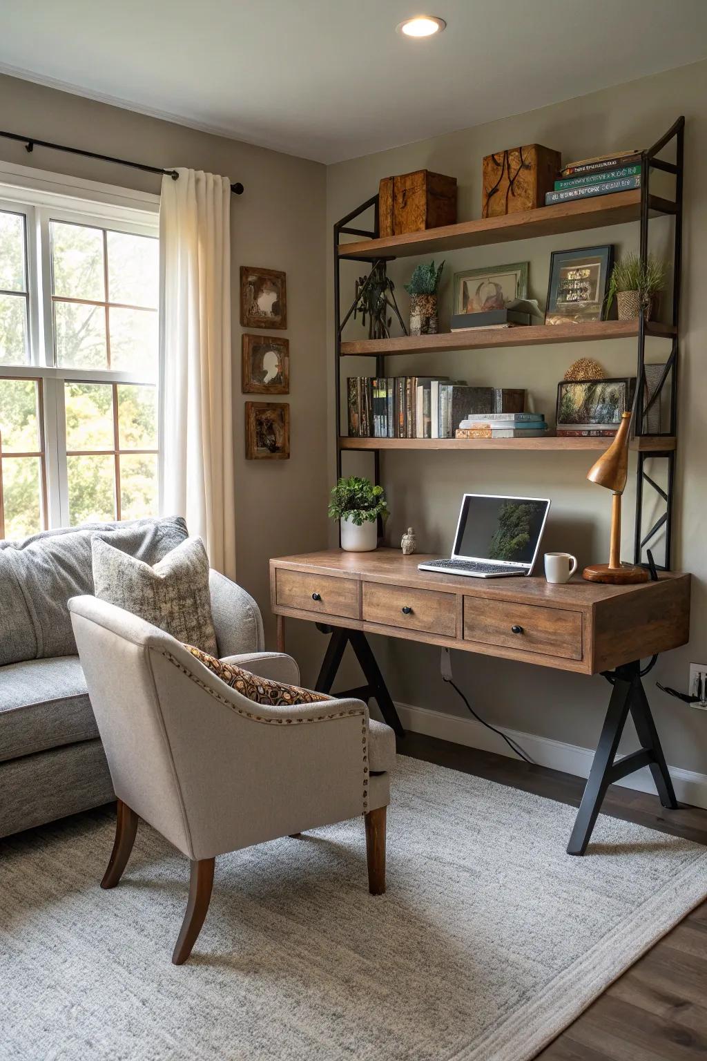 A featured wall nicely shows the office area.