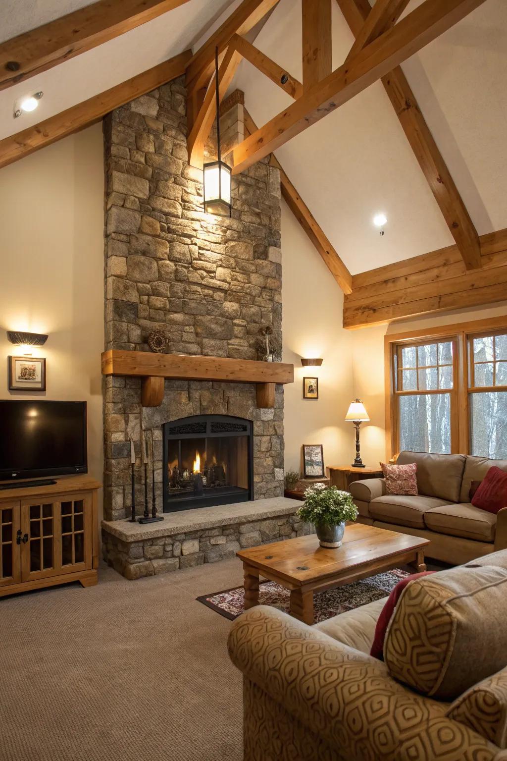 The blending of stone and wood contributes warmth to your living area.
