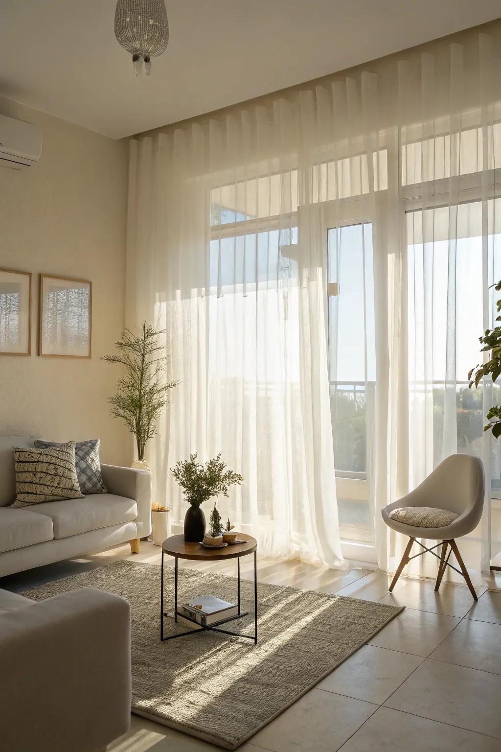 Sheer curtains produce a gentle, welcoming radiance in the living area.
