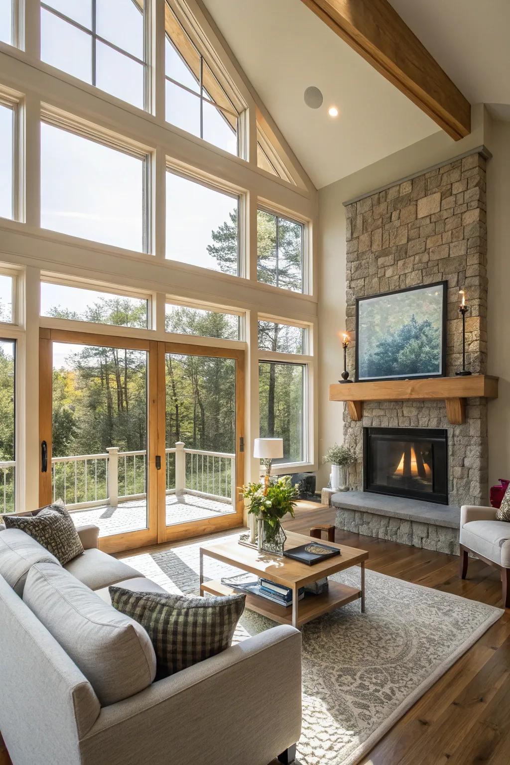 A bright living room featuring large windows that complement the fireplace.