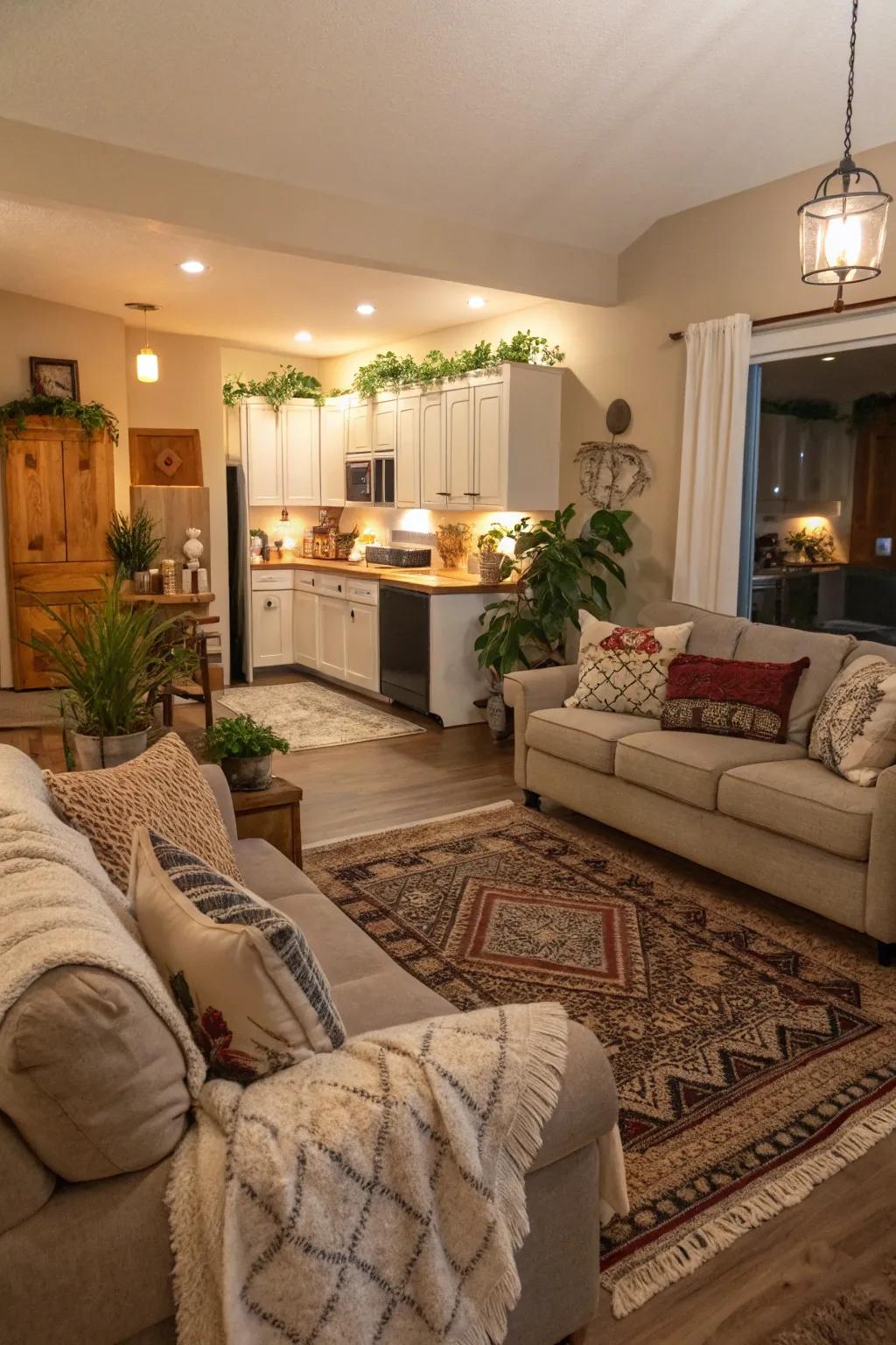 Comfortable pieces like mats and pillows create a warm atmosphere.